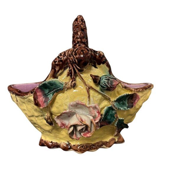 English Majolica 1800's Figural Basket Planter Floral Leaf Vines Rare RETRO - Picture 1 of 16